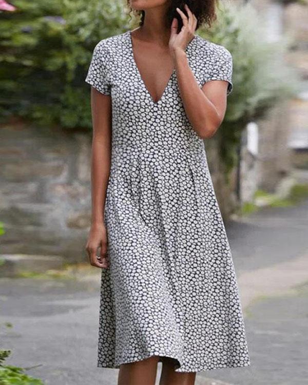 Casual V Neck Floral A-line Dress