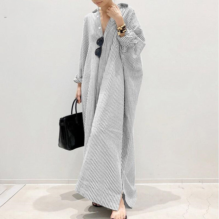 Women's Striped Button Print Shift Maxi Long Dress