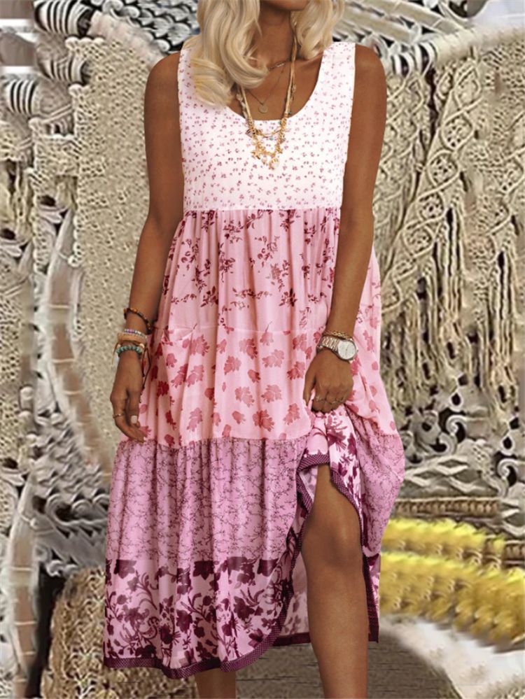 Plus Size Round Neck Sleeveless Printed Boho Dress