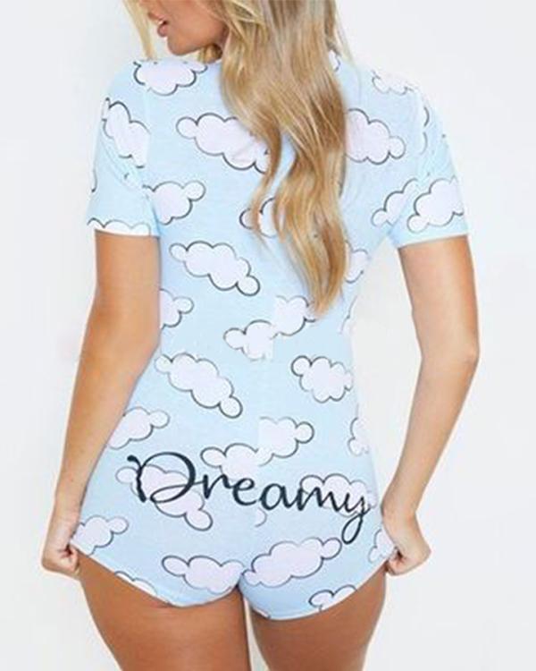 Low Cut Short Sleeve Print Lounge Romper